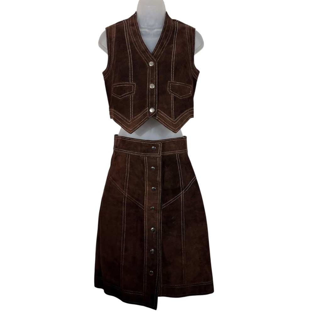 Sabrina Knits Ltd. Vintage Reversible Brown Leather Suede Button Down Skirt Vest